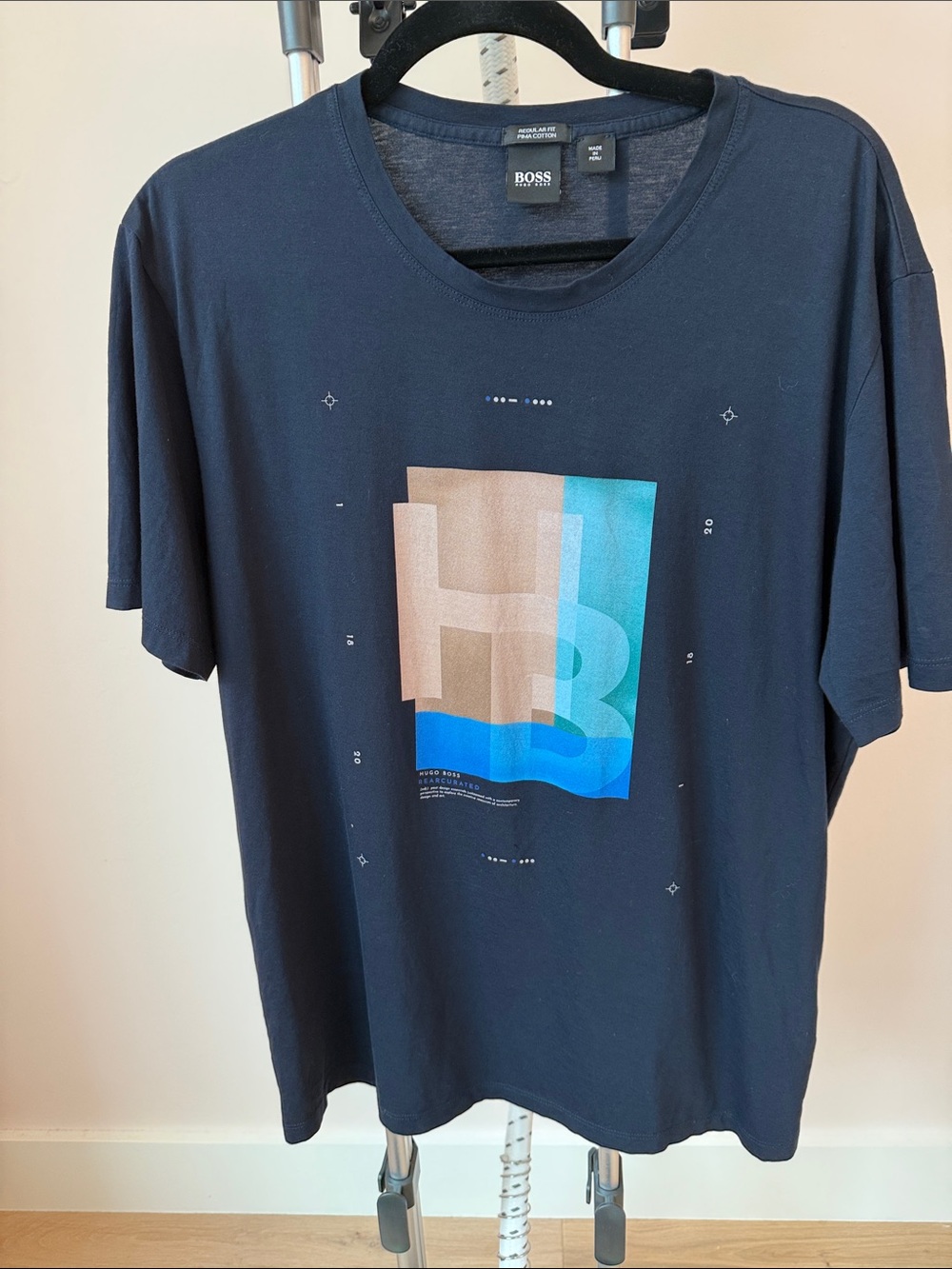 Boss Navy Short Sleeve Graphic Tee with Blue and Tan Print